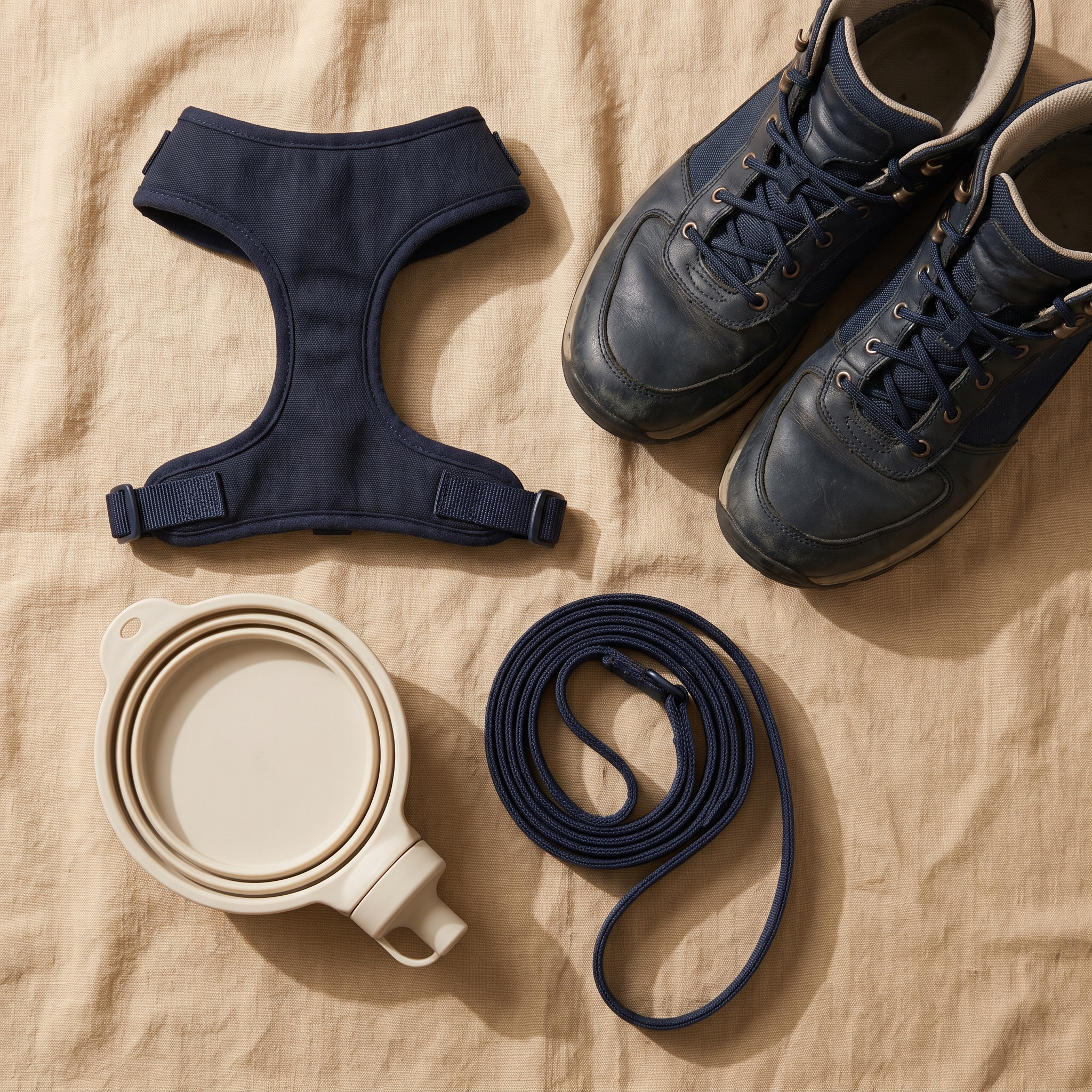 A dog harness, lead and travel water bottle laid out beside walking boots