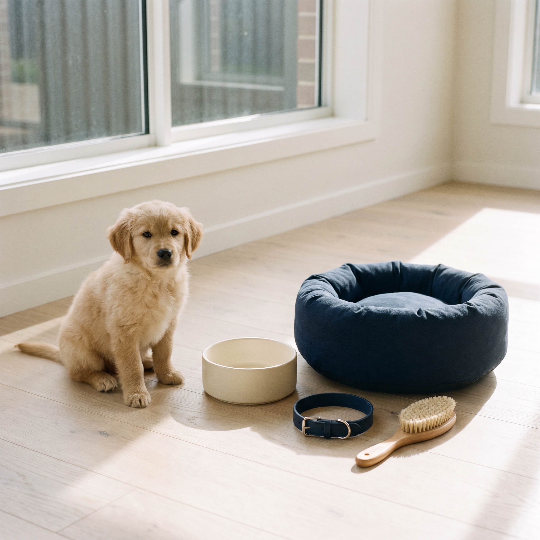 A puppy sitting beside a new pet bed and bowl