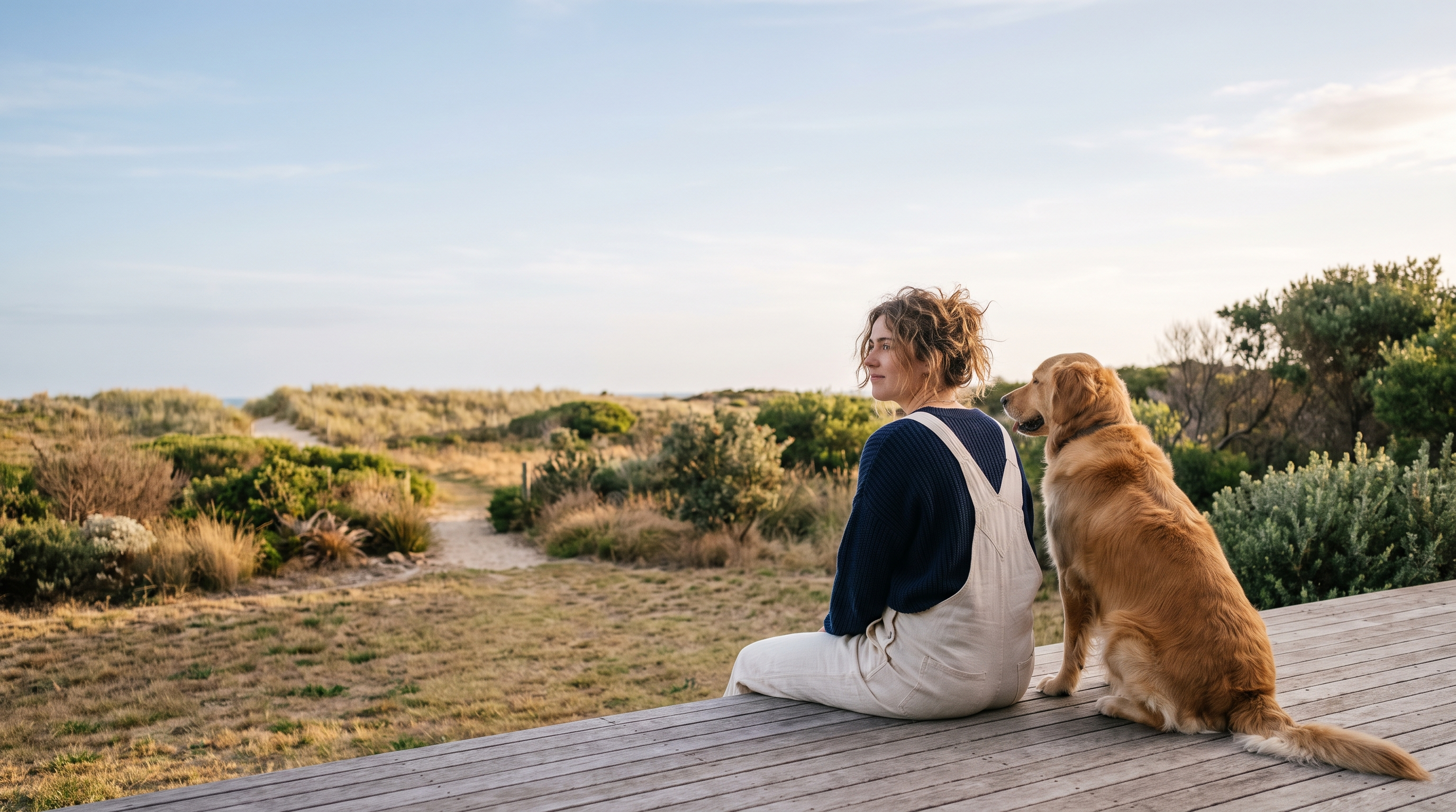 A woman and a golden retriever sitting on a deck looking out over open coastal dunes