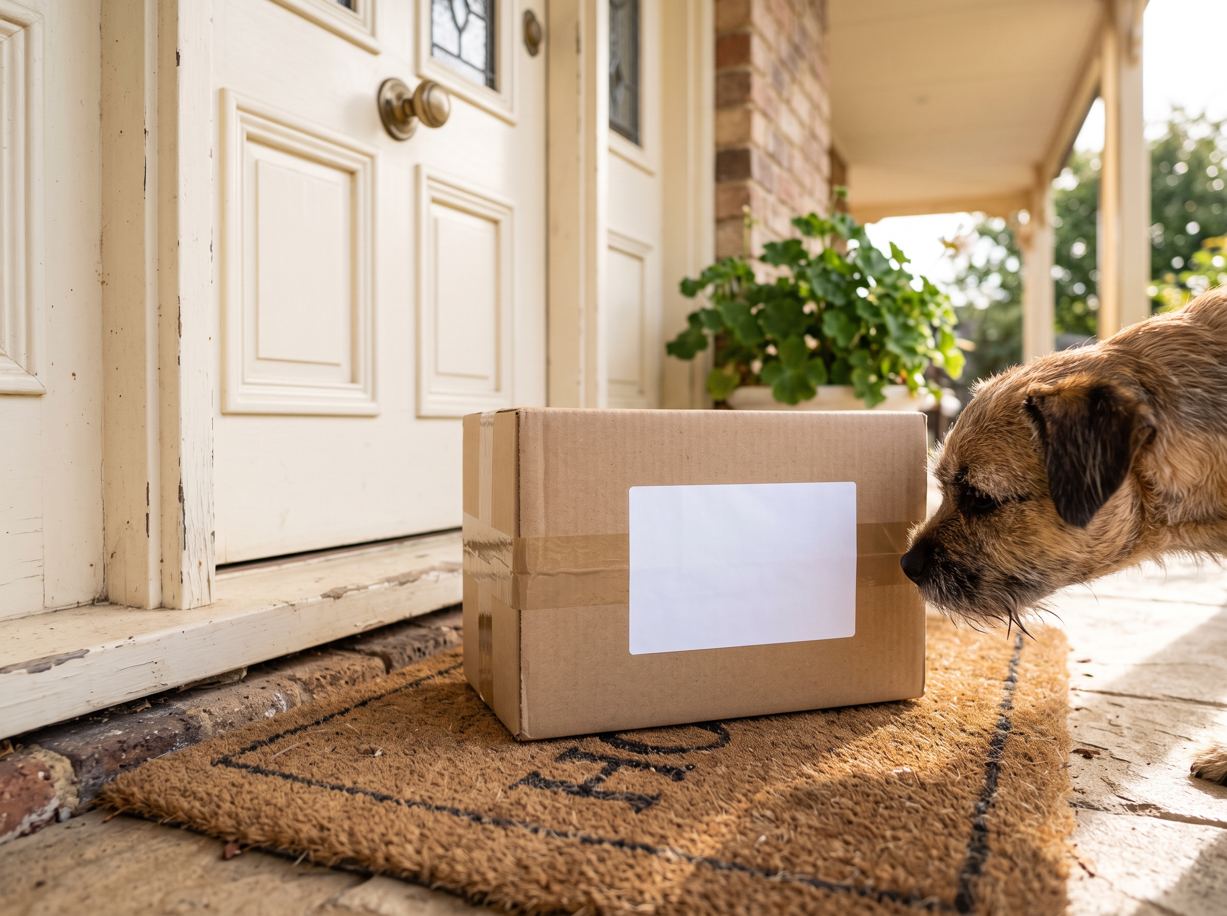 A parcel on a doormat at a front door with a dog sniffing it