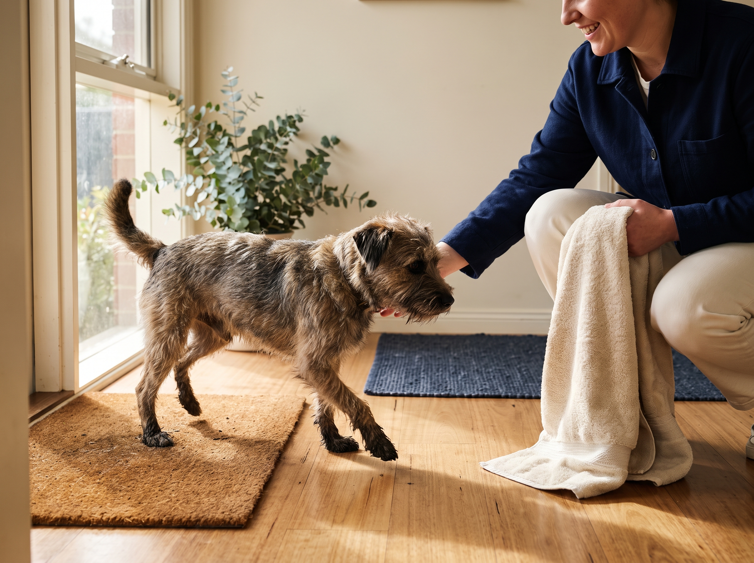 A dog coming in from outside while its owner kneels with a towel