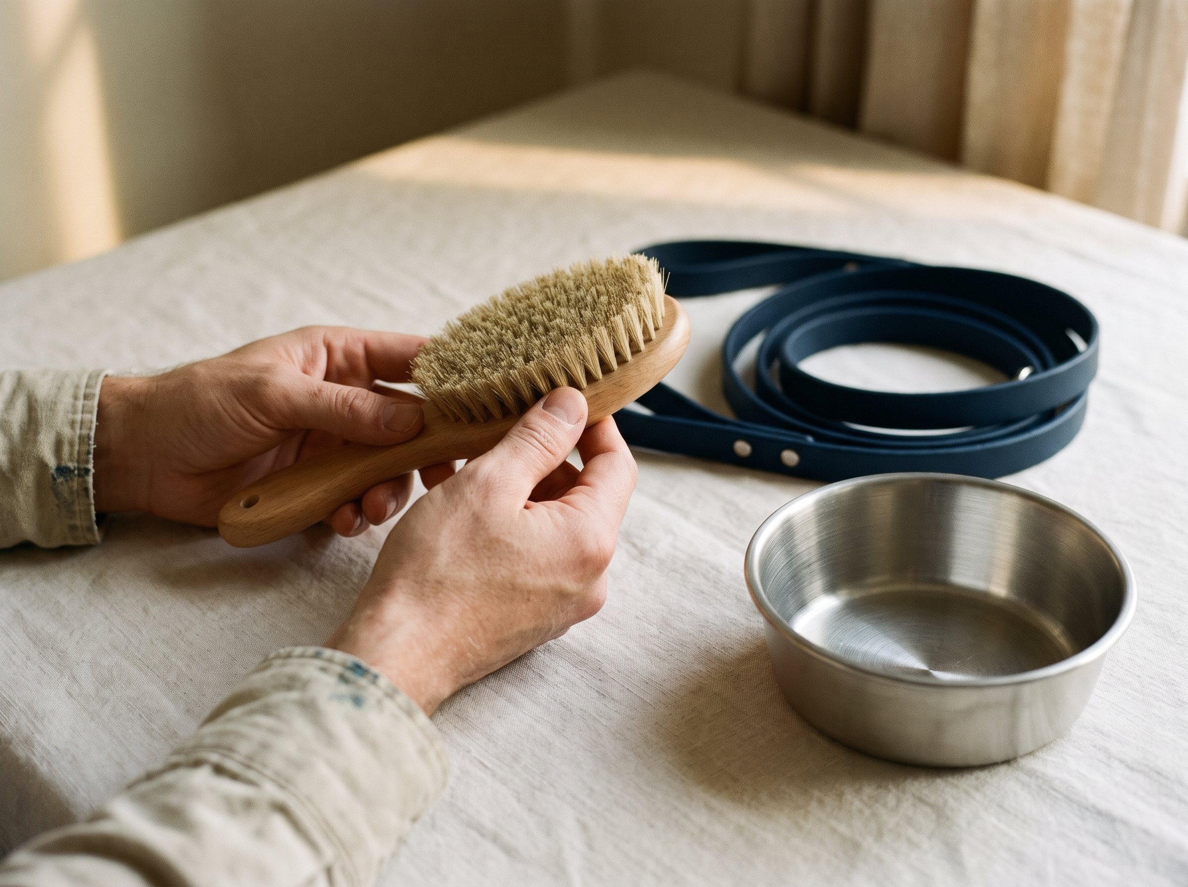 Hands inspecting a grooming brush beside a lead and a steel bowl